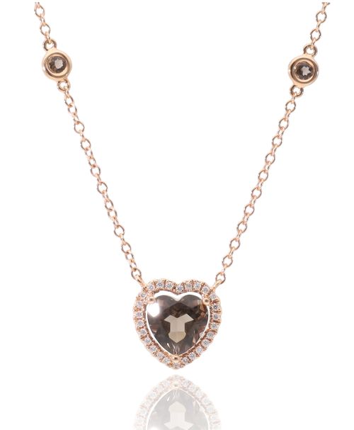 Collana in Oro rosa con cuore in Quarzo fumè e Diamanti